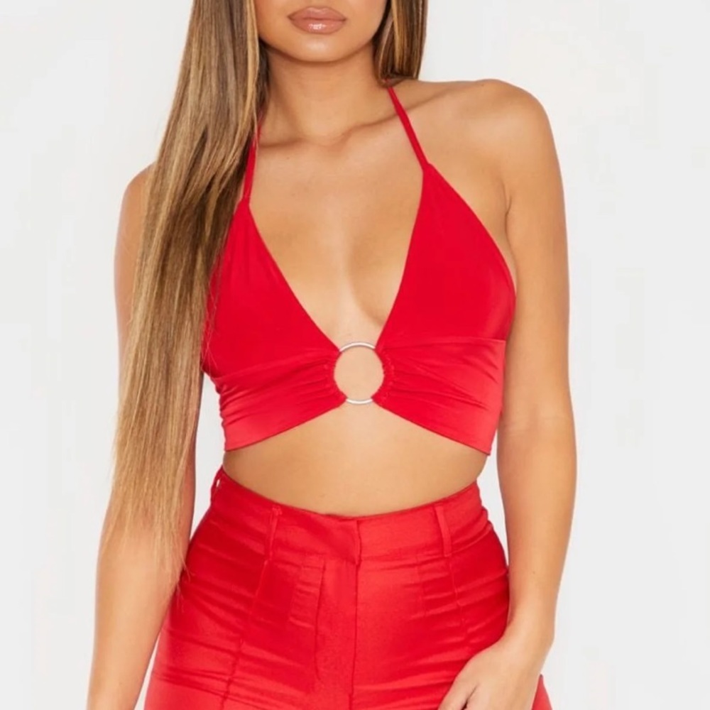 Red Plunge Ring Detail Bralet